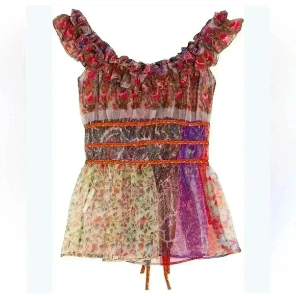 ETRO Women's Silk Chiffon Tank Blouse Top Ruffle Floral Print Shirt 44 Small NWT - Picture 1 of 9